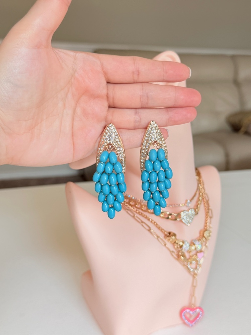 Gold-Tone Turquoise Cluster Drop Earrings - Picture 11 of 13